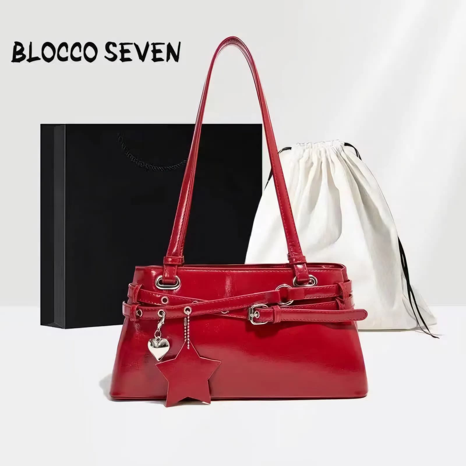 BLOCCO SEVEN glossy red east-west shoulder bag with star charm and gift box