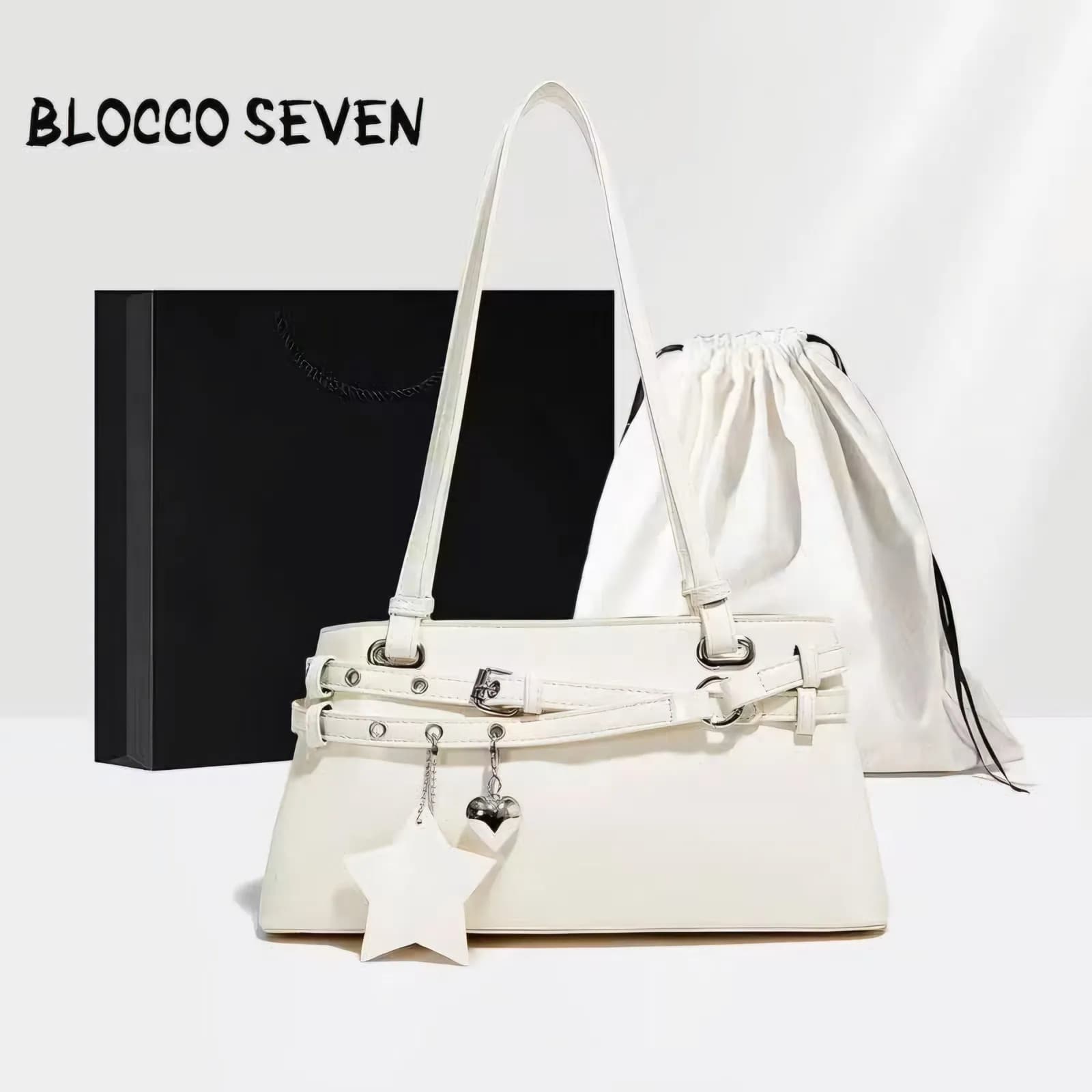 BLOCCO SEVEN glossy white east-west shoulder bag with star charm and dust bag