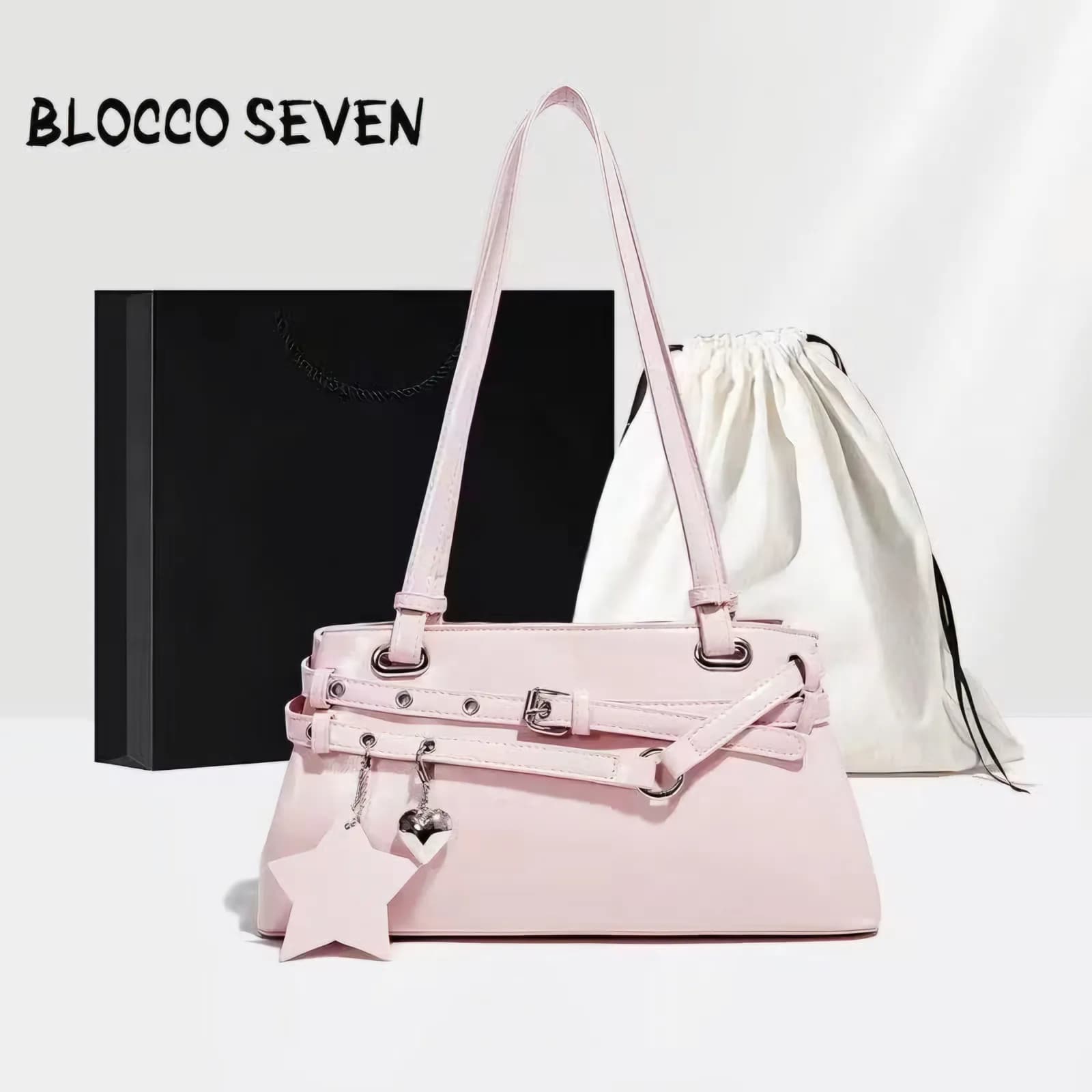 BLOCCO SEVEN pastel pink glossy shoulder bag with star charm and silver hardware