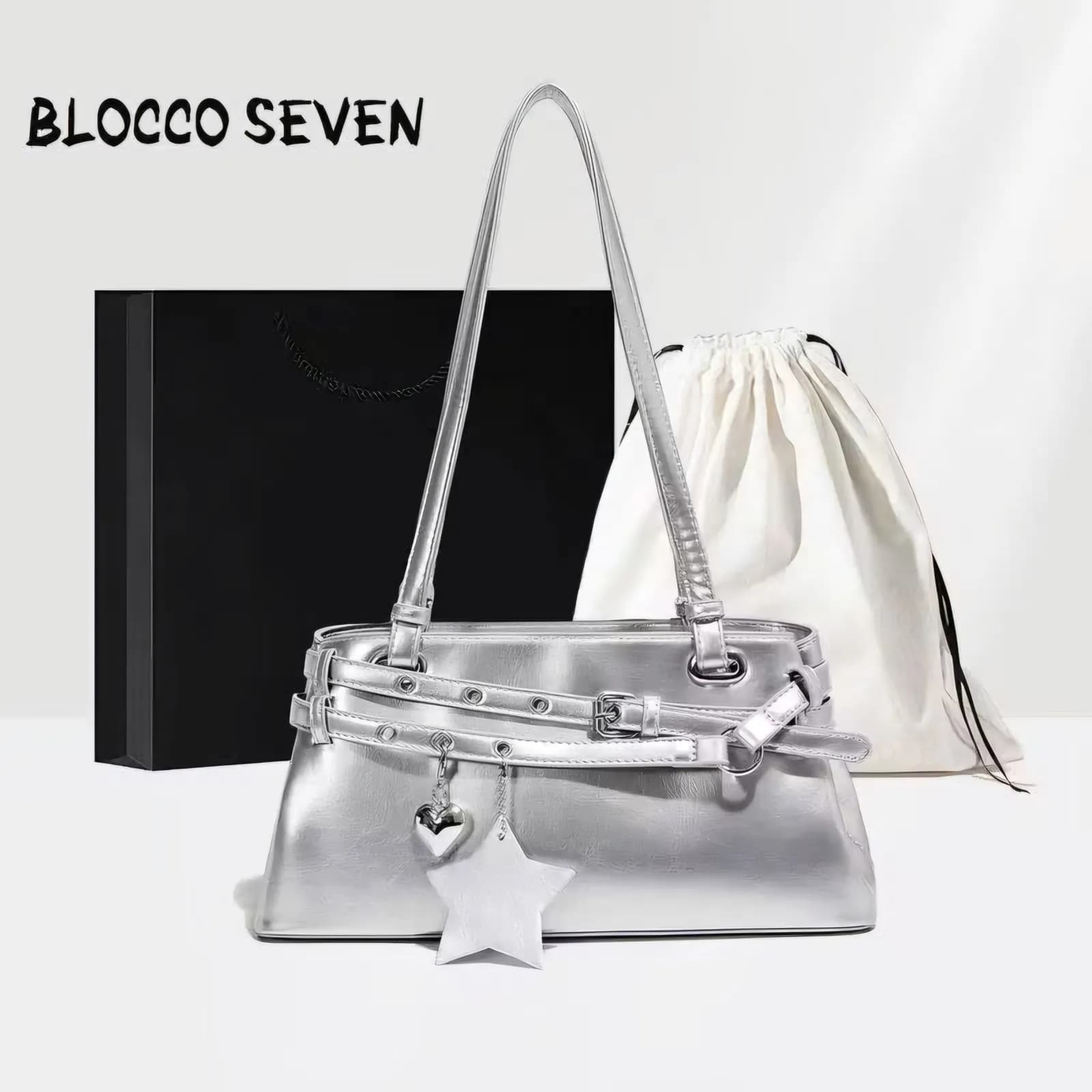 BLOCCO SEVEN metallic silver Y2K shoulder bag with star charm and buckle straps