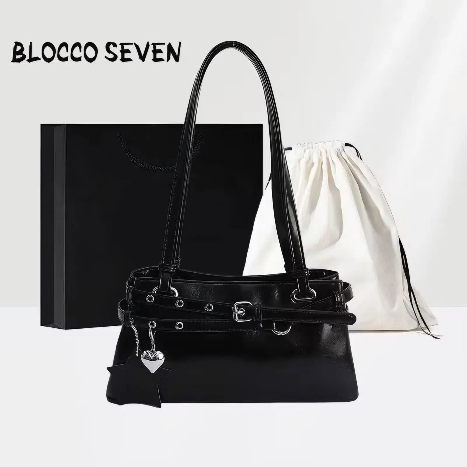 BLOCCO SEVEN glossy black east-west shoulder bag with star and heart charm