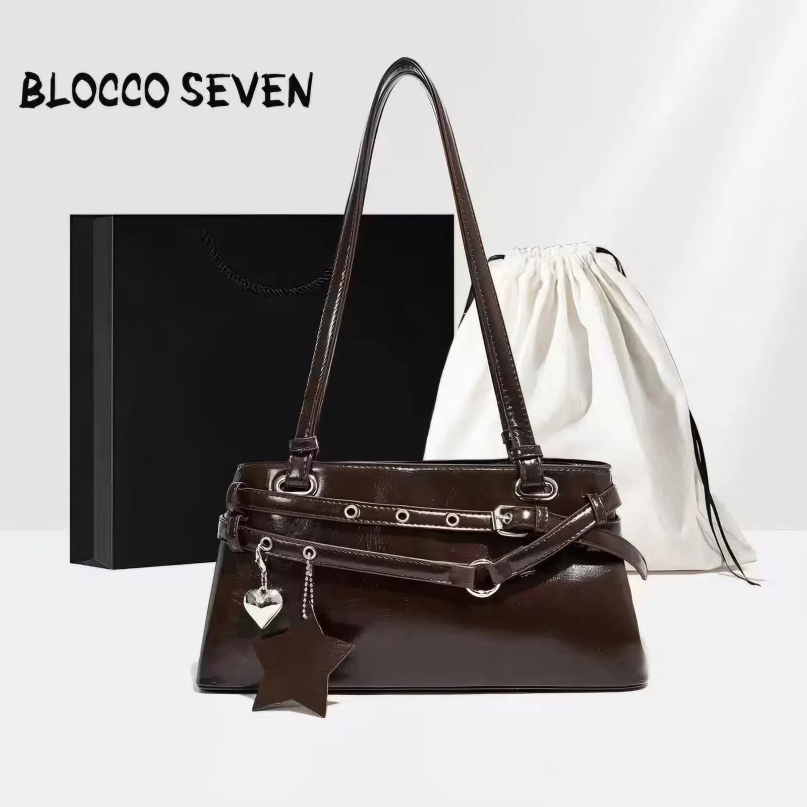 BLOCCO SEVEN deep coffee brown patent shoulder bag with star charm