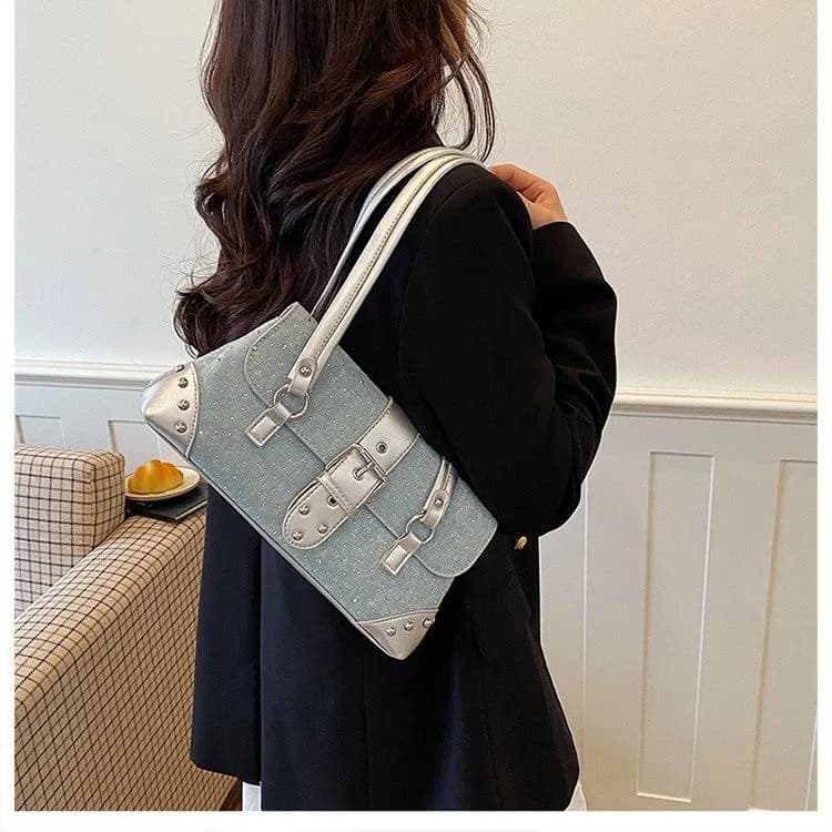 BLOCCO SEVEN Y2K Sparkle Denim Buckle Shoulder Bag — view 5 — buy original in Bangladesh