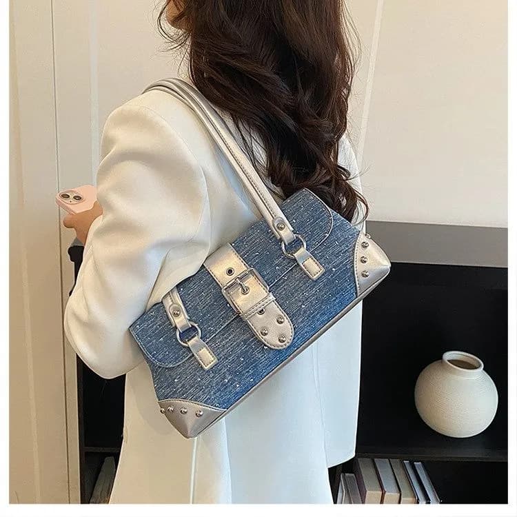 BLOCCO SEVEN Y2K Sparkle Denim Buckle Shoulder Bag — view 7 — buy original in Bangladesh