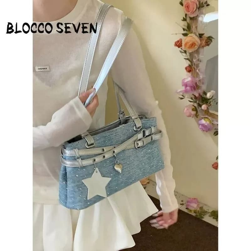 BLOCCO SEVEN light blue sparkle denim shoulder bag with silver buckle strap and star charm