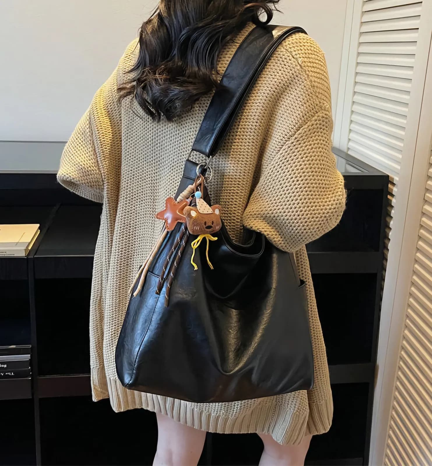 No Brand Specified Vintage Slouchy Faux Leather Hobo Tote Bag with Bear Charm — view 2 — buy original in Bangladesh