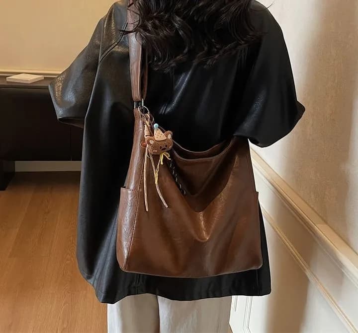 No Brand Specified Vintage Slouchy Faux Leather Hobo Tote Bag with Bear Charm — view 3 — buy original in Bangladesh