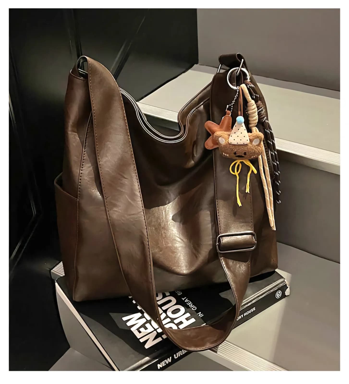 No Brand Specified Vintage Slouchy Faux Leather Hobo Tote Bag with Bear Charm Bags — buy original in Bangladesh