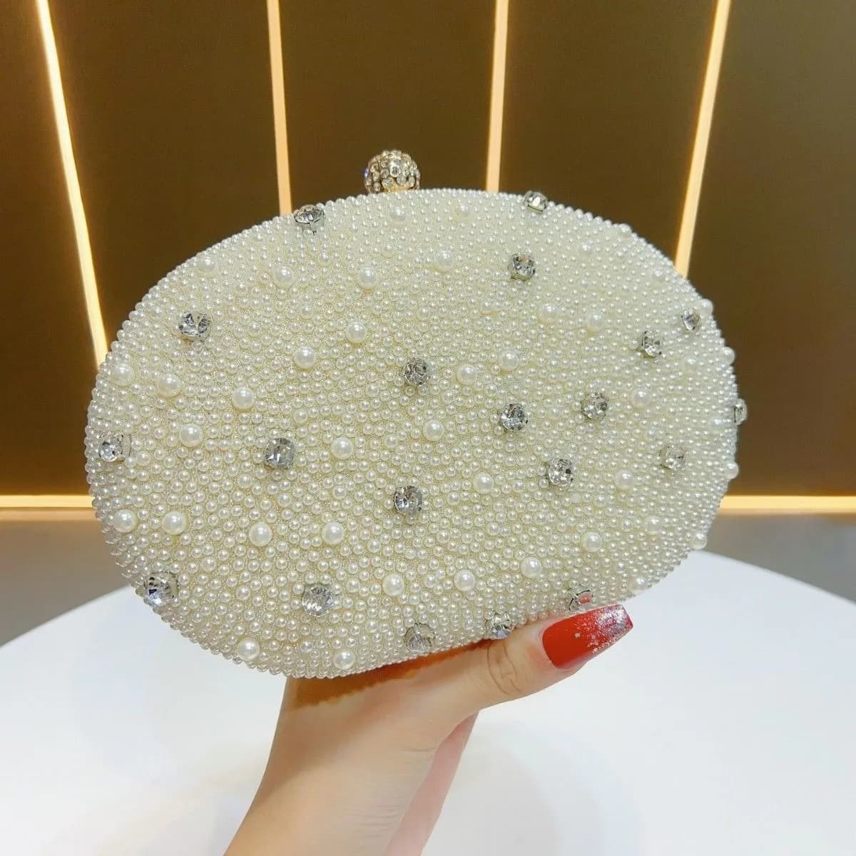 No Brand Specified Luxury Oval Pearl & Rhinestone Evening Minaudière Clutch Bags — buy original in Bangladesh
