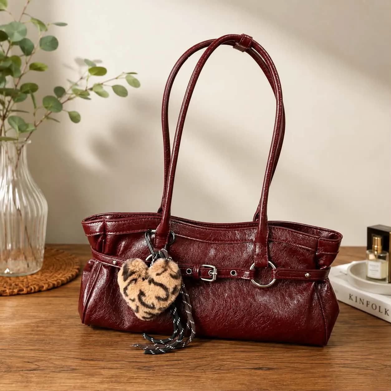 No Brand Specified Vintage Crinkled Patent Leather Shoulder Bag with Leopard Heart Charm Bags — buy original in Bangladesh