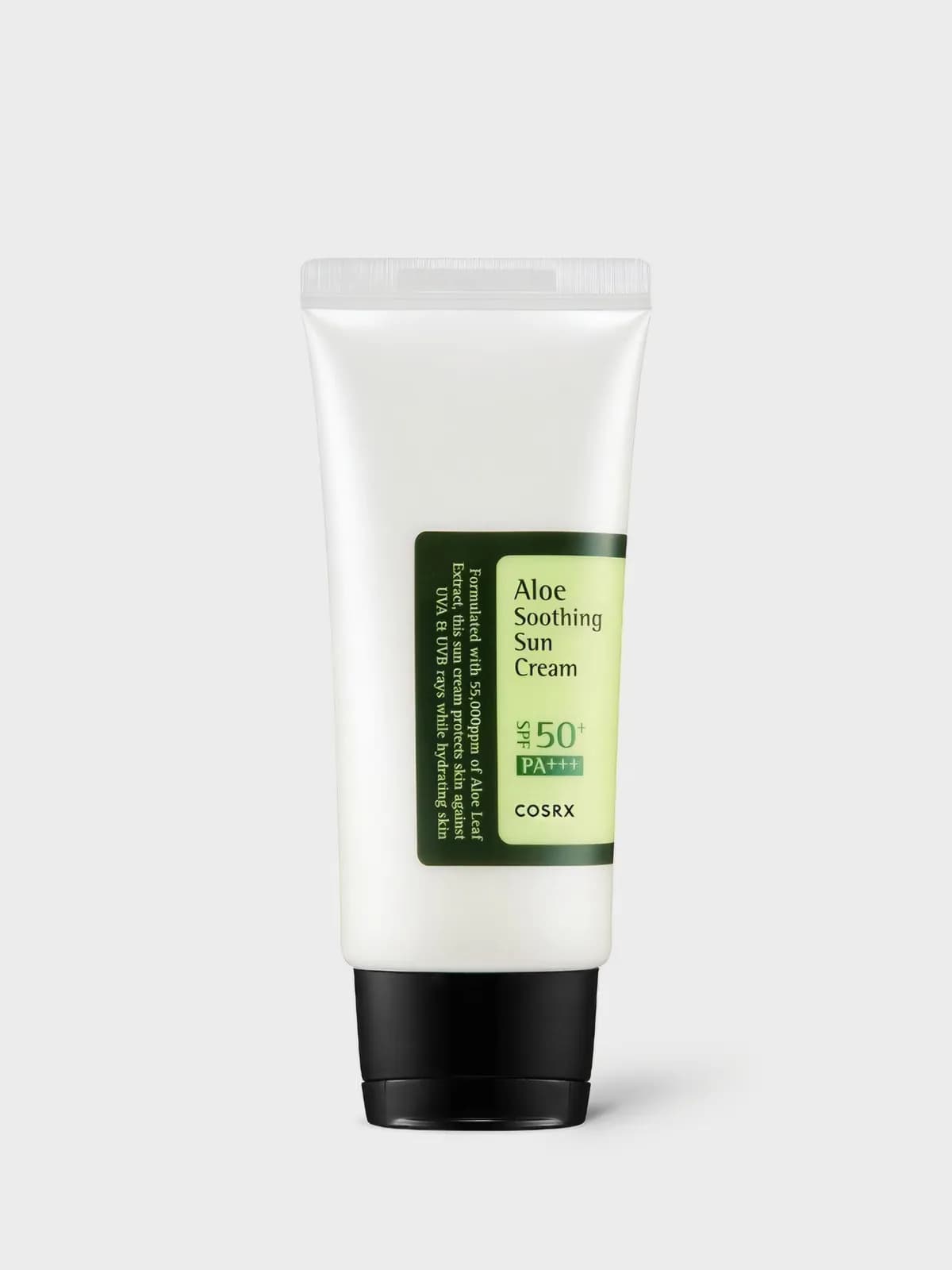 Text: COSRX Aloe Soothing Sun Cream SPF50 PA+++ 50ml tube packaging