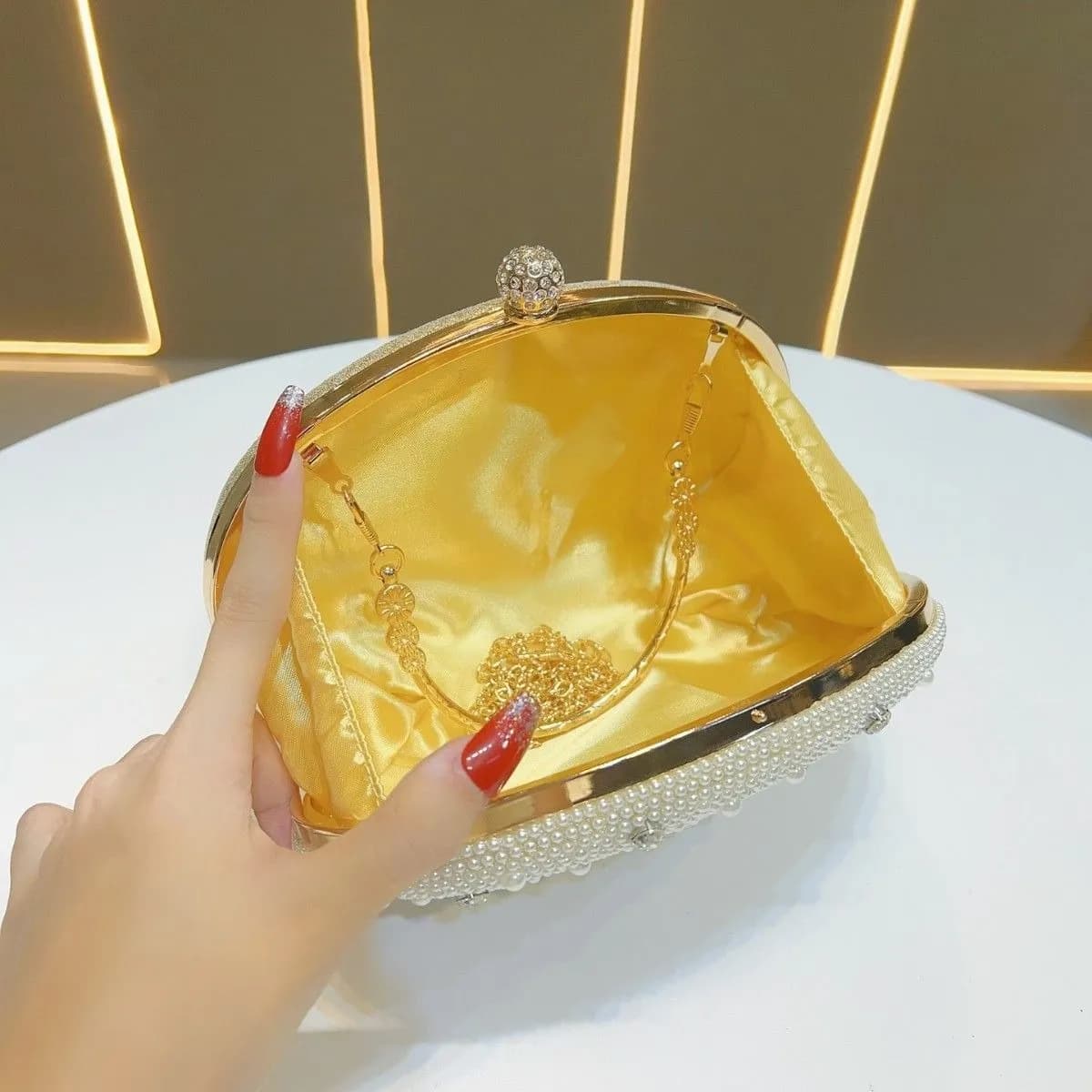 No Brand Specified Luxury Oval Pearl & Rhinestone Evening Minaudière Clutch — view 2 — buy original in Bangladesh