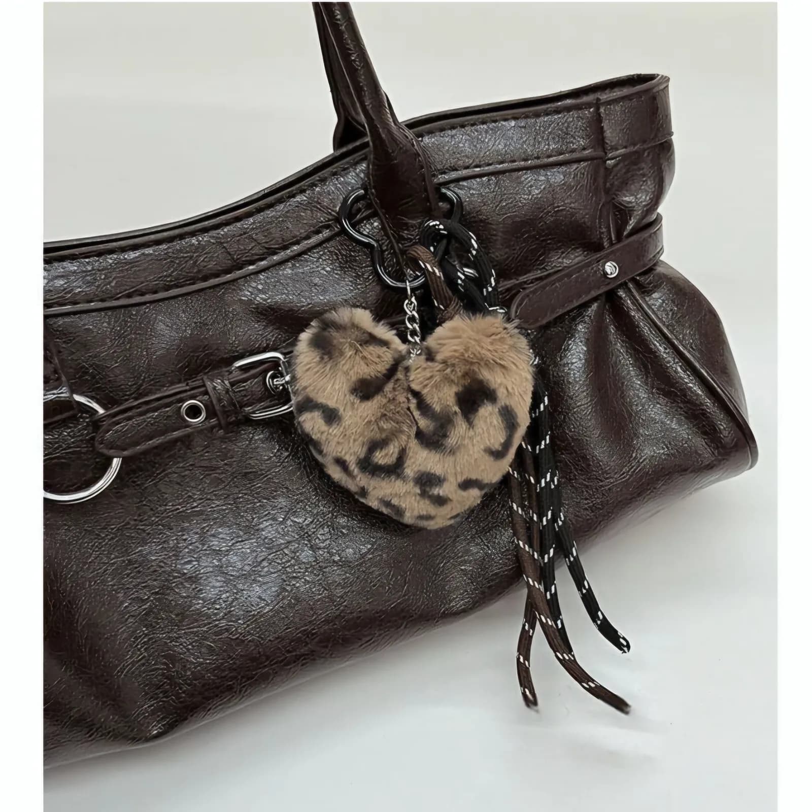 No Brand Specified Vintage Crinkled Patent Leather Shoulder Bag with Leopard Heart Charm — view 2 — buy original in Banglades