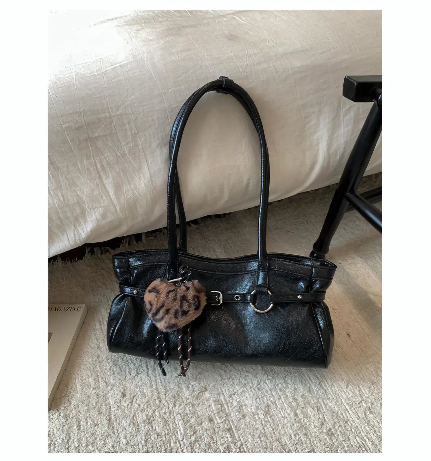 No Brand Specified Vintage Crinkled Patent Leather Shoulder Bag with Leopard Heart Charm — view 3 — buy original in Banglades