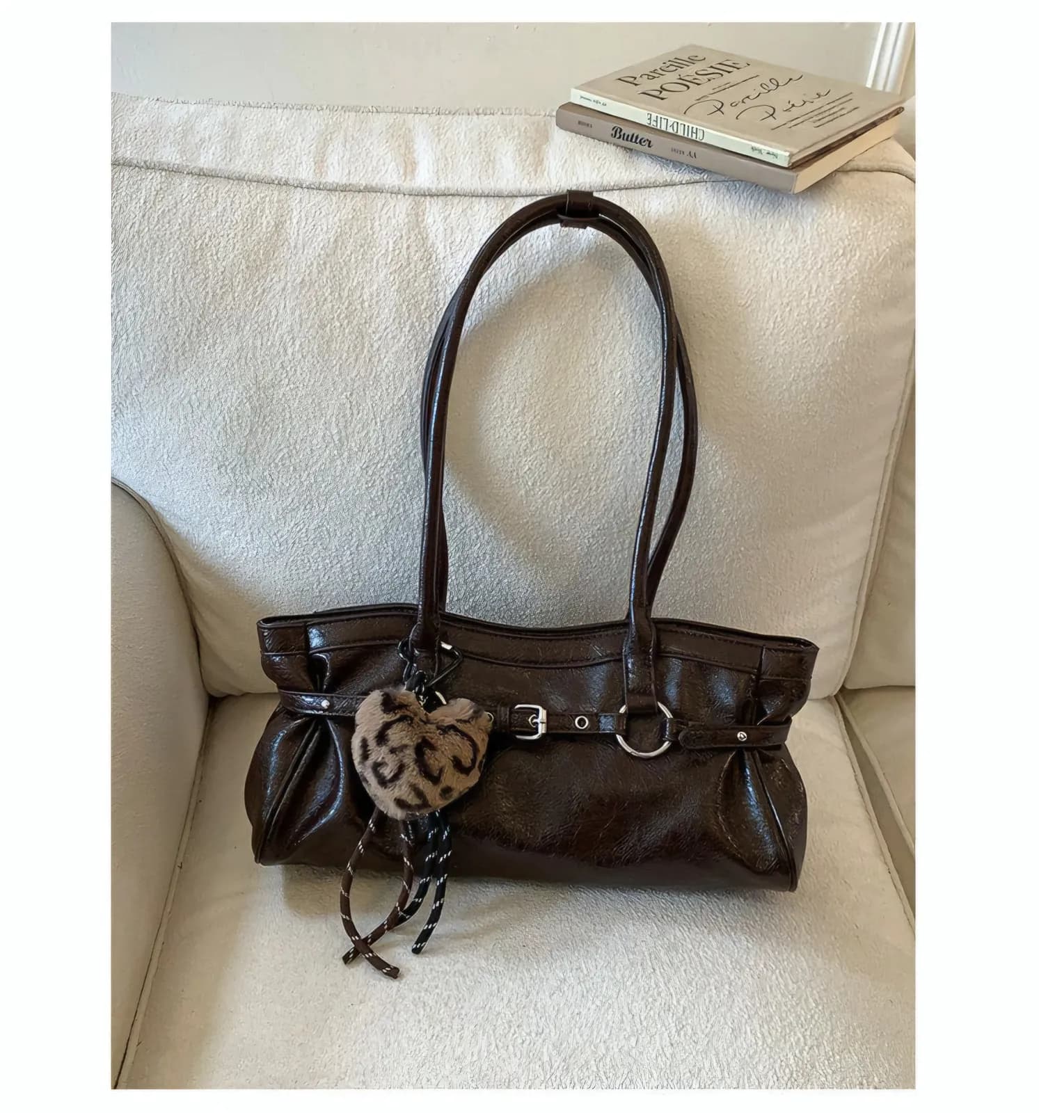 No Brand Specified Vintage Crinkled Patent Leather Shoulder Bag with Leopard Heart Charm — view 4 — buy original in Banglades