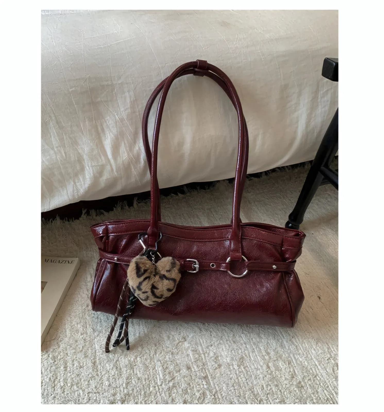 No Brand Specified Vintage Crinkled Patent Leather Shoulder Bag with Leopard Heart Charm — view 5 — buy original in Banglades