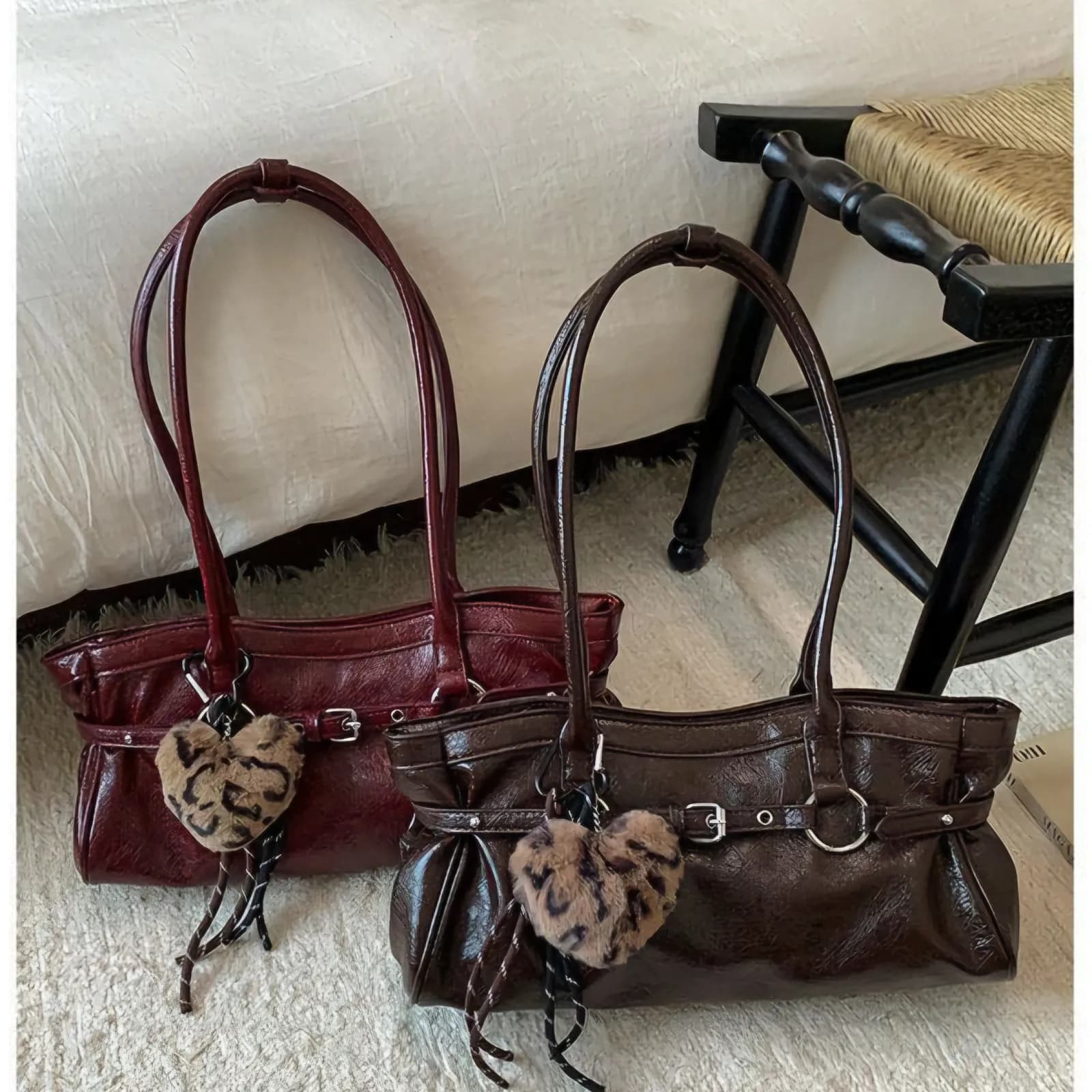 No Brand Specified Vintage Crinkled Patent Leather Shoulder Bag with Leopard Heart Charm — view 6 — buy original in Banglades
