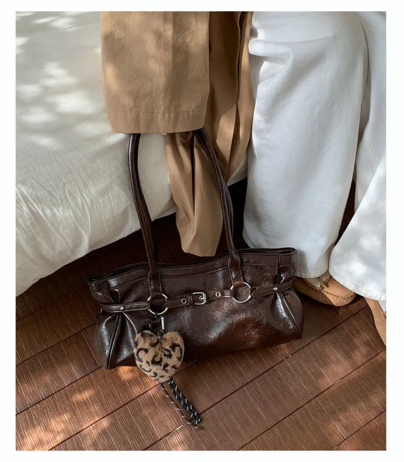 No Brand Specified Vintage Crinkled Patent Leather Shoulder Bag with Leopard Heart Charm — view 7 — buy original in Banglades