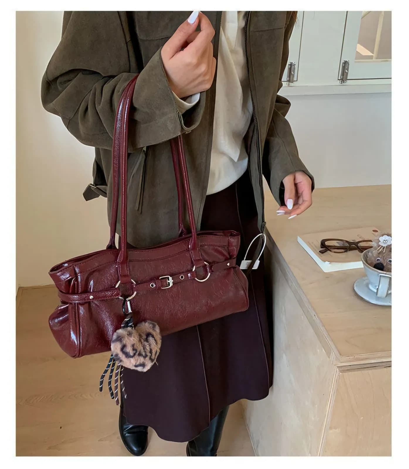 No Brand Specified Vintage Crinkled Patent Leather Shoulder Bag with Leopard Heart Charm — view 8 — buy original in Banglades