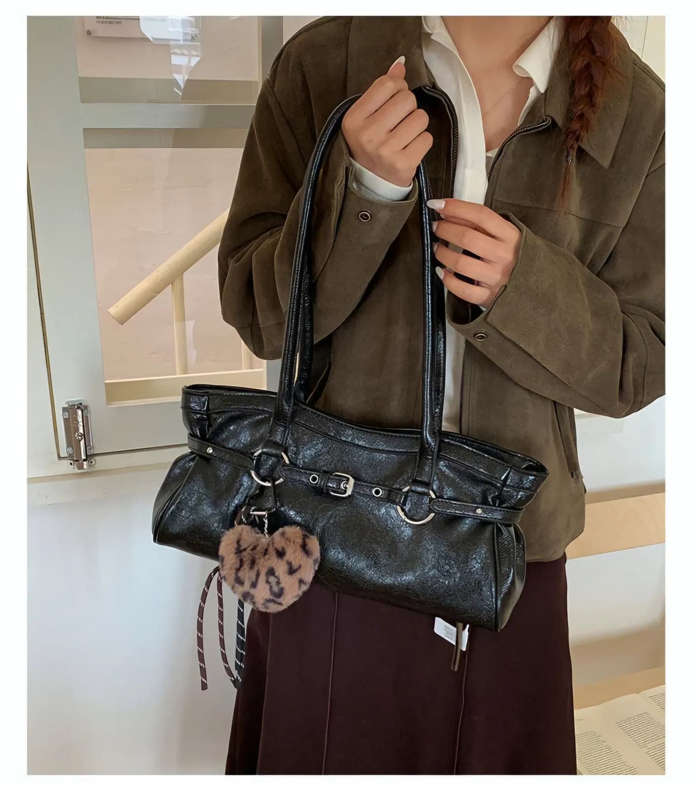No Brand Specified Vintage Crinkled Patent Leather Shoulder Bag with Leopard Heart Charm — view 9 — buy original in Banglades