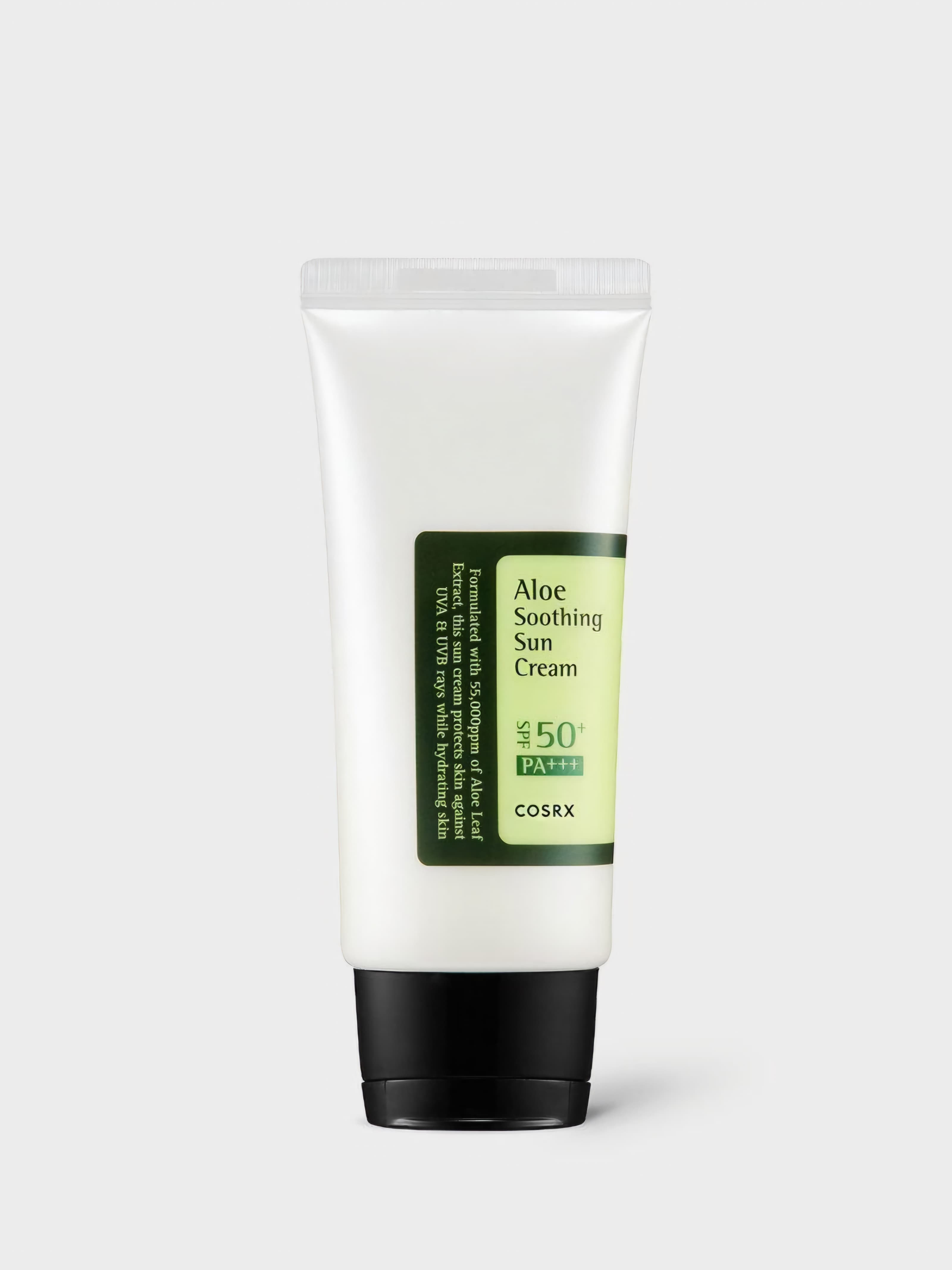 Text: COSRX Aloe Soothing Sun Cream SPF50 PA+++ 50ml tube packaging